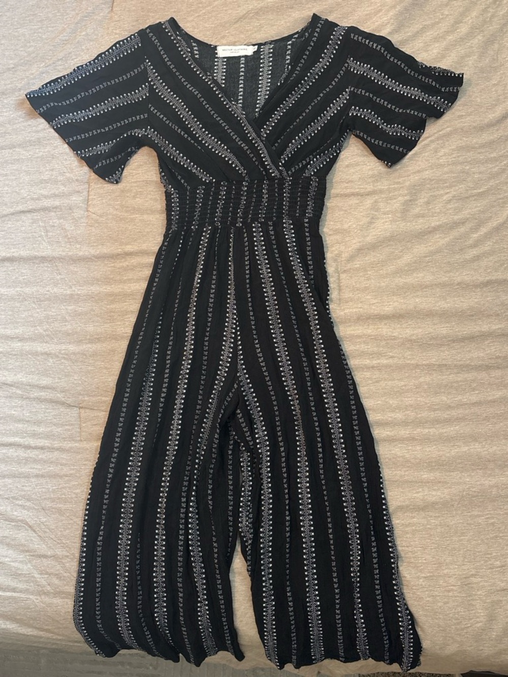 Black Striped Wide-Leg Jumpsuit with Smocked Waist